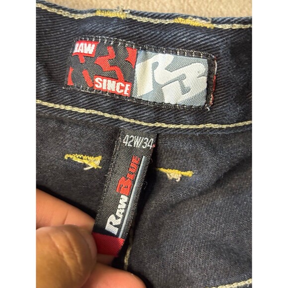 Raw Blue Denim Jeans Money Diamonds Graphic Embroidered Pockets Mens Size 42x34 - Picture 4 of 11